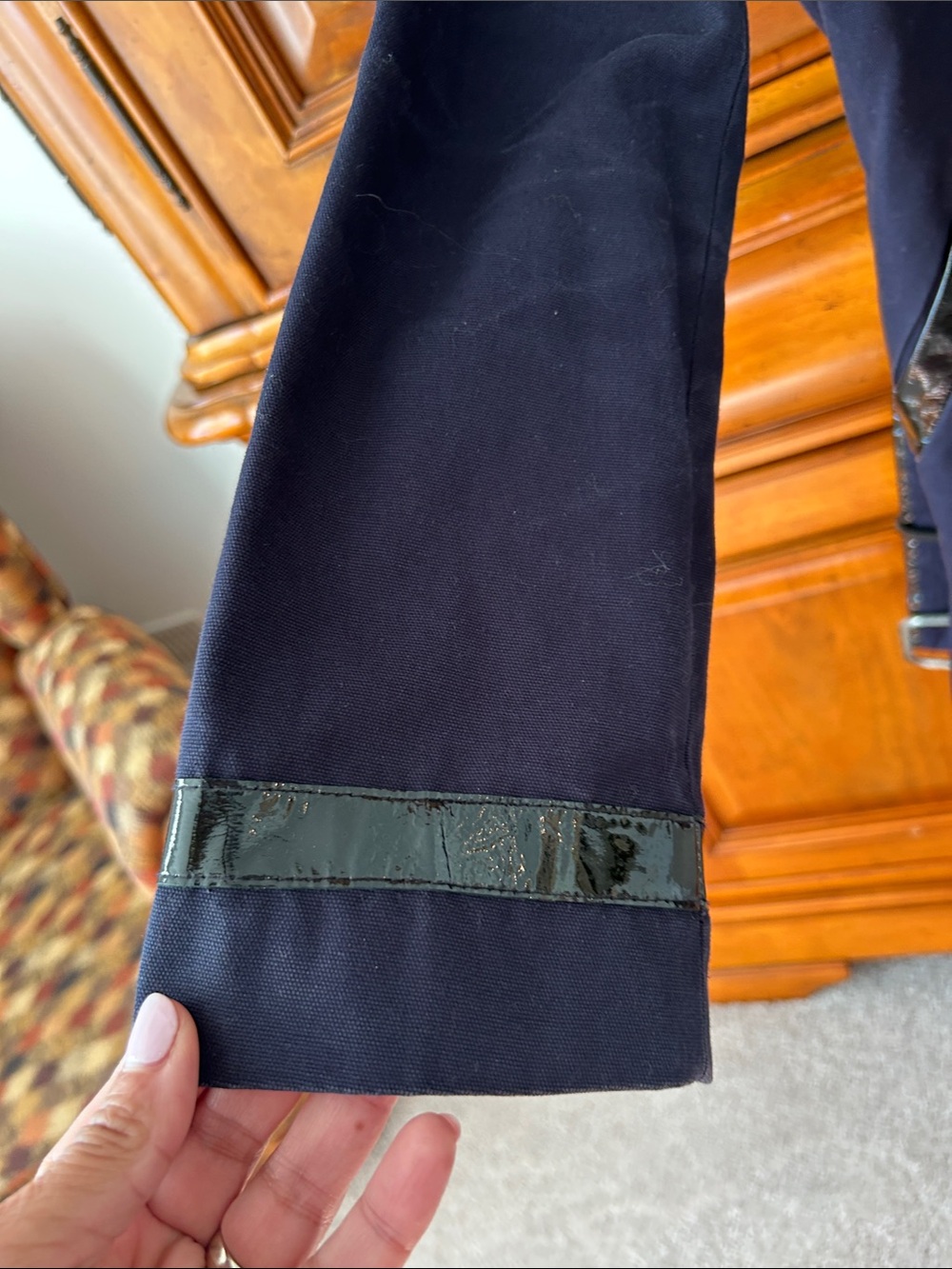 Tory Burch Navy Trench Coat with Black Trim and Multi-Colored Logo Buttons - Picture 5 of 7